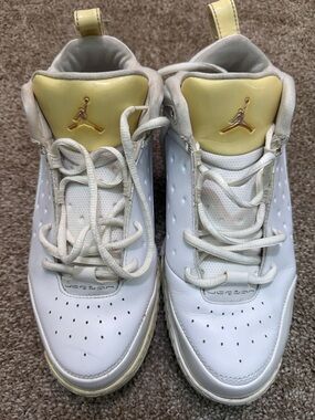 Jordan White Leather Sneakers with Pale Yellow Tongue